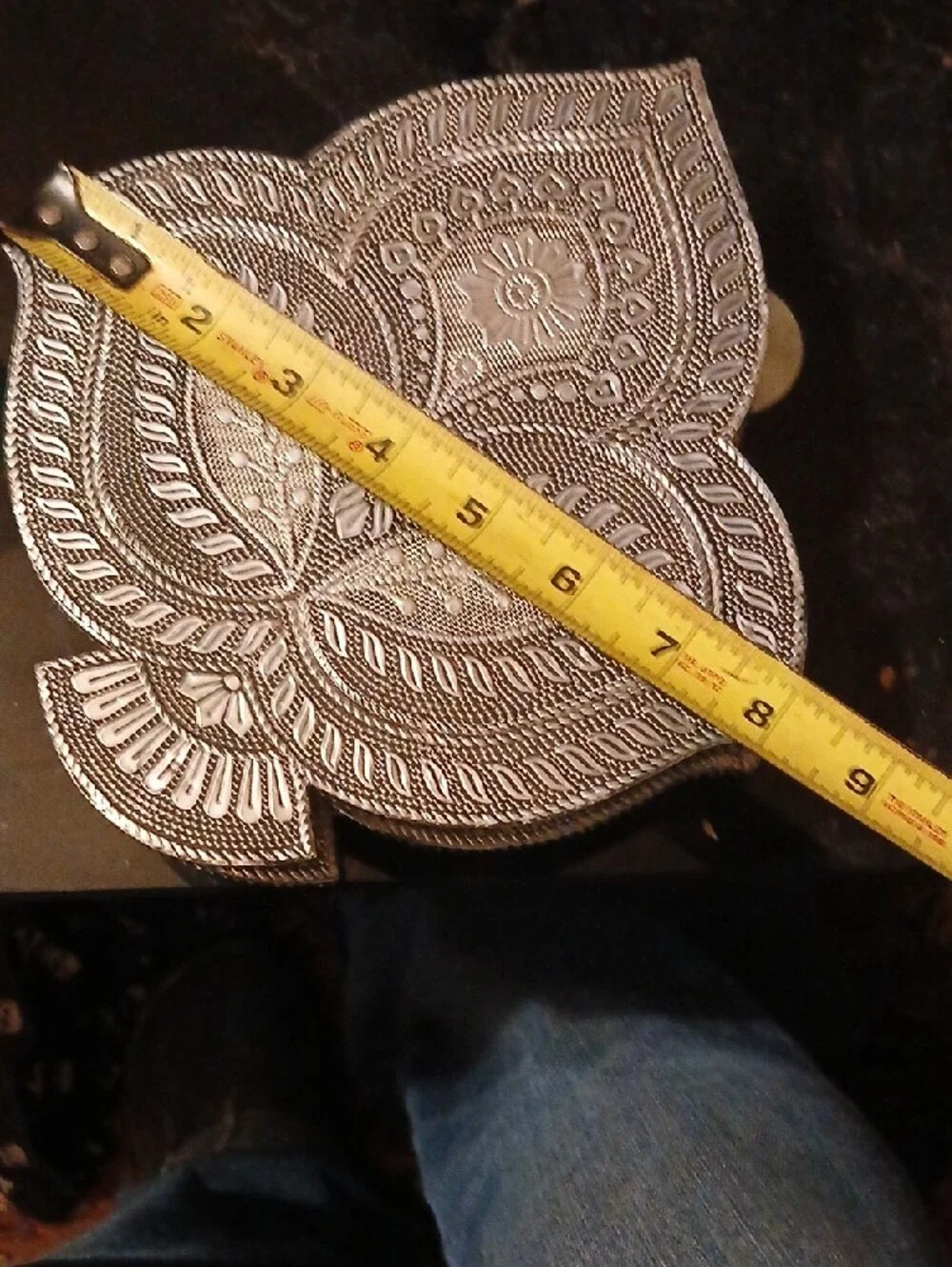 Ornate Leaf-Shaped Embossed Metal Trinket Box - Silver Tone,9x8in.